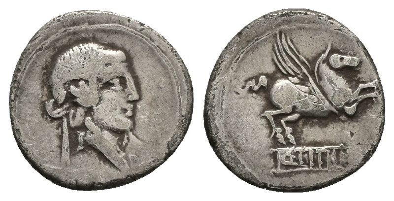 Q. Titus, 90 BC. AR, Denarius. 3.48 g. 18.85 mm. Rome.
Obv: Head of Liber, right...