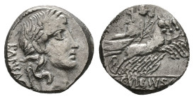 C. Vibius C.f. Pansa, 90 BC. AR, Denarius. 4.00 g. 17.85 mm. Rome.
Obv: PANSA. Laureate head of Apollo, right.
Rev: C VIBIVS C F. Minerva in quadriga,...
