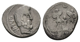 L. Titurius L.f. Sabinus, 89 BC. AR, Denarius. 3.58 g. 19.52 mm. Rome.
Obv: SABINA A•PV. Bearded head of King Tatius, right; below palm branch.
Rev:...