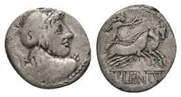 Cn. Lentulus Clodianus, 88 BC. AR, Denarius. 3.46 g. 17.84 mm. Rome.
Obv: Bust of Mars wearing Corinthian helmet, seen from behind, with head turned t...