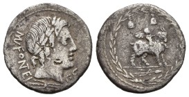 Mn. Fonteius C.f, 85 BC. AR, Denarius. 3.53 g. 19.76 mm. Rome.
Obv: MN•FONTEI C•F. Laureate head of Apollo, right.
Rev: Cupid on goat, right; around...