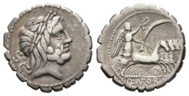 Q. Antonius Balbus, 83-82 BC. AR, Denarius. 3.69 g. 19.17 mm. Rome.
Obv: S C. Laureate head of Jupiter, right.
Rev: Q•ANTO•B[ALB]. Victory in quadri...