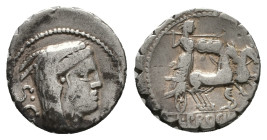L. Procilius, 80 BC. AR, Denarius. 3.79 g. 18.56 mm. Rome.
Obv: S C. Head of Juno Sospita, right. 
Rev: L PROCILI F. Juno Sospita in biga, right, hold...