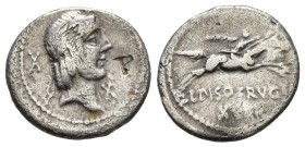 C. Piso L.f. Frugi, 67 BC. AR, Denarius. 3.56 g. 19.12 mm. Rome.
Obv: Laureate head of Apollo, right; before X.
Rev: L PISO FRVGI. Warrior, holding ...