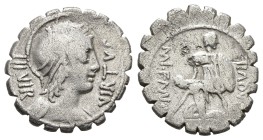 Mn. Aquillius Mn.f. Mn.n, 65 BC. AR, Denarius. 3.69 g. 20.49 mm. Rome.
Obv: VIRTVS III VIR. Helmeted bust of Virtus, right, draped.
Rev: MN •AQVIL M...