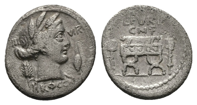 L. Furius Cn.f. Brocchus, 63 BC. AR, Denarius. 3.50 g. 18.91 mm. Rome.
Obv: III ...