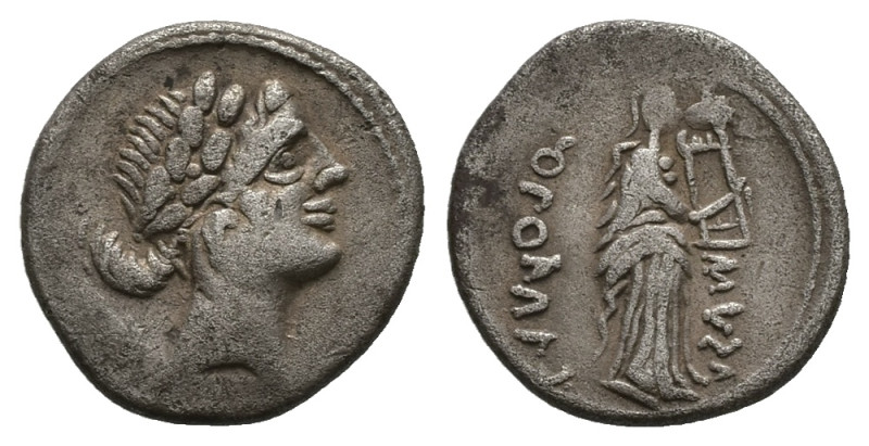 Q. Pomponiud Musa, 56 BC. AR, Denarius. 3.56 g. 18.70 mm. Celtic imitation of Ro...