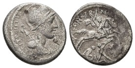 P. Fonteius P.f. Capito, 55 BC. AR, Denarius. 3.48 g. 18.11 mm. Rome.
Obv: P FONTEIVS P F CAPITO III VIR. Bust of Mars, right, helmeted and draped, w...