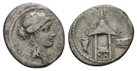 Q. Cassius Longinus, 55 BC. AR, Denarius. 3.83 g. 19.37 mm. Rome.
Obv: LIBERT Q CASSIVS. Head of Libertas, right. 
Rev: Temple of Vesta; within, curul...
