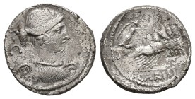 T. Carisius, 46 BC. AR, Denarius. 3.41 g. 18.66 mm. Rome.
Obv: S C. Bust of Victory, right, draped.
Rev: T CARISI. Victory in quadriga, right, holdi...