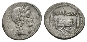 Lollius Palicanus, 45 BC. AR, Denarius. 3.60 g. 20.42 mm. Rome.
Obv: HONORIS. Laureate head of Honos, right.
Rev: Curule chair on which, wreath; on ei...