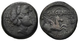 Corinthia, Corinth. AE, As. 10.22 g. 22.49 mm. Q. Caecilius Niger and C. Heius Pamphilius, duoviri.
Obv: Head of Aphrodite, right.
Rev: Q CAECIL NIG...