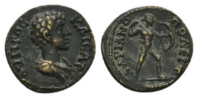 Thrace, Hadrianopolis. Marcus Aurelius as Caesar, AD 139-161. AE. 3.18 g. 17.75 mm.
Obv: ΟVΗΡΟϹ ΚΑΙϹΑΡ. Bare-headed bust of Marcus Aurelius wearing cu...
