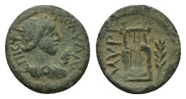 Aeolis, Myrina. Pseudo-autonomous, Time of the Antonines (AD 138-192). AE. 1.69 g. 16.38 mm. Strategos, Polida.
Obv: ƐΠΙ ϹΤΡ ΠοΛΥΔΑ. Laureate-headed a...