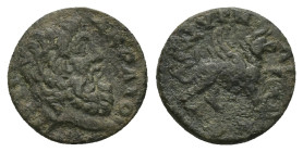 Ionia, Smyrna. Pseudo-autonomous, AD 161-166. AE. 3.10 g 17.06 mm. 
Obv: ΖƐVϹ ΑΚΡΑΙΟϹ. Head of Zeus Akraios, right.
Rev: ϹΜVΡΝΑΙΩΝ. Griffin standing, ...