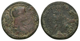 Lydia, Hierocaesarea. Pseudo-autonomous, Time of Commodus (c. AD 179-180). AE. 10.94 g. 25.79 mm.
Obv: ΘƐΑ ΡΩΜΗ. Helmeted bust of Roma wearing cuirass...