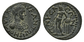 Lydia, Nysa. Caracalla, AD 211-217. AE. 2.63 g. 17.30 mm.
Obv: AVT K M AYΡ ANTΩNINOC. Bust of Caracalla right.
Rev: ΝΥϹΑΕΩΝ; Apollo standing facing nu...