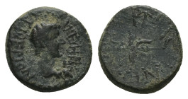 Lydia, Philadelphia. Tiberius Gemellus(?) as Caesar, AD 35-37. AE. 2.18 g. 15.27 mm.
Obv: ΤΙΒΕΡΙΟΝ ϹƐΒΑϹΤΟΝ. Bare head of Tiberius, right.
Rev: ΝΕΟΚΕϹ...