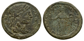 Lydia, Philadelphia. Pseudo-autonomous, Time of Septimius Severus, AD 193-211. AE. 9.18 g. 26.42 mm.
Obv: ΔΗΜΟϹ. Diademed head of the Demos (youthful)...