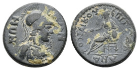 Lydia, Sala. Pseudo-autonomous. Time of Hadrian, AD 117-138. AE. 4.04 g. 18.77 mm.
Obv: ϹΑΛΗΝΩΝ. Bust of Athena wearing crested Corinthian helmet and ...