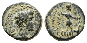 Phrygia, Acmonea. Gaius, as Caesar, 1 BC-AD 4. AE. 3.14 g. 15.81 mm. Krates, son of Menokritos, magistrate.
Obv: Bare head of Gaius (?), right.
Rev: Κ...