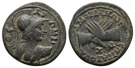 Phrygia, Amorium. Pseudo-autonomous, AD 193-211. AE. 7.08 g. 24.47 mm. Gaios, archon.
Obv: ΘEA ΡΩMH. Helmeted bust of Roma right.
Rev: EΠI ΓAIOYA AMOΡ...