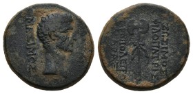 Phrygia, Hierapolis. Augustus and Fabius Maximus, 10/9 BC. AE. 5.13 g. 19.79 mm. Charax; Zosimos, philopatris.
Obv: ΦΑΒΙΟΣ ΜΑΞΙΜΟΣ. Bare head of Fabi...