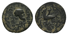 Caria, Trapezopolis. Pseudo-autonomous, Time of Augustus. AE. 1.81 g. 14.98 mm.
Obv: ΑΝΔΡΟΝΙΚΟΣ ΓΟΡΓΙΠΠΟΥ. Bearded head of Silenus (?), right; monogra...