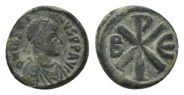 Justin I, AD 518-527. AE, Pentanummium. 2.53 g 14.26 mm. Constantinople.
Obv: DN IVSTINVS PP AV. Pearl diademed, draped, cuirassed bust of Justin to r...