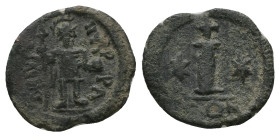 Justin I, AD 518-527. AE, Decanummium. 3.86 g. 21.90 mm. Constantinople.
Obv: D N IVS[TI]NVS PP A. Bust of Justin I facing right with diadem, cuirass...