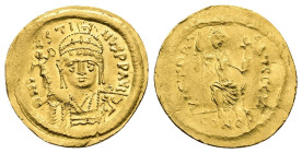 Justin II, AD 565-578. AV, Solidus. 4.46 g. 21.54 mm. Constantinople.
Obv: DNI-VSTI-NVSPPAVI. Frontal bust of Justin II with shield and cuirass and we...