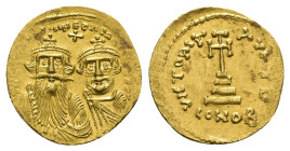 Constans II and Constantine IV. AD 641-668. AV, Solidus. 4.36 g. 20.68 mm. Constantinople.
Obv: [δ N CONSTATINЧS C CONSTANTI..] Frontal bust of Consta...