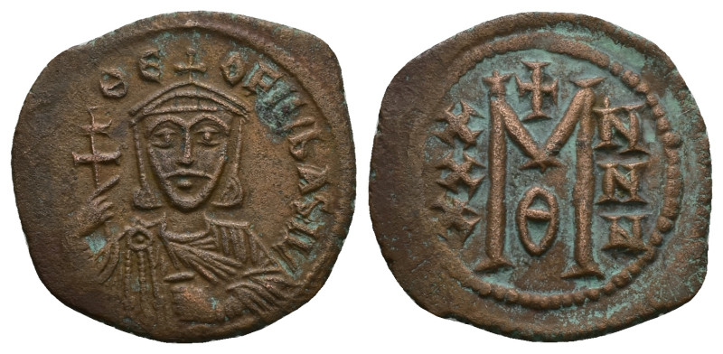 Theophilus, AD 829-842. AE, Follis. 7.42 g. 30.90 mm. Constantinople.
Obv: ✷ΘE-O...