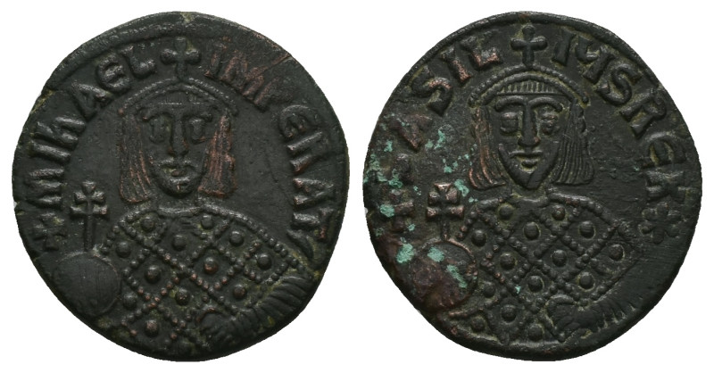 Michael III the Drunkard and Basil I, AD 842-867. AE, Follis. 7.98 g. 26.84 mm. ...