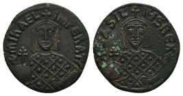 Michael III the Drunkard and Basil I, AD 842-867. AE, Follis. 7.98 g. 26.84 mm. Constantinopolis.
Obv: ✠mIҺAЄL IMPЄRAT'. Crowned, facing bust of Mich...
