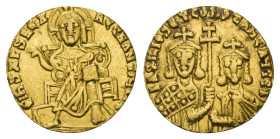 Basil I the Macedonian, Constantine, AD 867-886. AV, Solidus. 4.38 g 19.48 mm. Constantinople.
Obv: +IhS XPS RЄX RЄςNANTIЧM. Christ enthroned facing,...