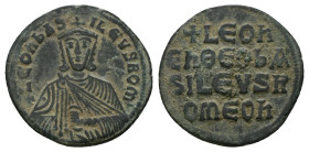 Leo VI the Wise, AD 886-912. AE, Follis. 5.71 g 26.60 mm. Constantinople.
Obv: + LЄOҺЬAS-ILЄVSROM. Frontal bust of Leo VI with short beard wearing chl...