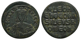Leo VI the Wise, AD 886-912. AE, Follis. 6.38 g 26.28 mm. Constantinople.
Obv: + LЄOҺЬAS-ILЄVSROM. Frontal bust of Leo VI with short beard wearing chl...