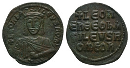Leo VI the Wise, AD 886-912. AE, Follis. 6.51 g. 27.14 mm. Constantinople.
Obv: + LЄOҺЬAS-ILЄVSROM. Frontal bust of Leo VI with short beard wearing ch...