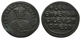 Leo VI the Wise, AD 886-912. AE, Follis. 7.26 g. 26.63 mm. Constantinople.
Obv: + LЄOҺЬAS-ILЄVSROM. Frontal bust of Leo VI with short beard wearing ch...