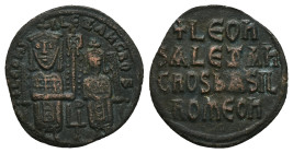 Leo VI the Wise and Alexander, AD 886-912. AE, Follis. 4.13 g 26.00 mm. Constantinople. 
Obv: + LЄOҺ-SALЄΞAҺδROS. Leo on left and Alexander on right, ...