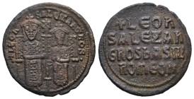 Leo VI the Wise and Alexander, AD 886-912. AE, Follis. 5.70 g. 26.29 mm. Constantinople.
Obv: + LЄOҺ-SALЄΞAҺδROS. Leo on left and Alexander on right,...