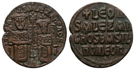 Leo VI the Wise and Alexander, AD 886-912. AE, Follis. 4.77 g. 25.33 mm. Constantinople. 
Obv: + LЄOҺ-SALЄΞAҺδROS. Leo on left and Alexander on right,...
