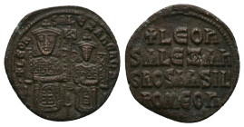 Leo VI the Wise and Alexander, AD 886-912. AE, Follis. 5.83 g. 25.81 mm. Constantinople. 
Obv: + LЄOҺ-SALЄΞAҺδROS. Leo on left and Alexander on right,...