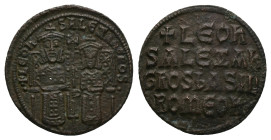 Leo VI the Wise and Alexander, AD 886-912. AE, Follis. 7.64 g. 25.40 mm. Constantinople. 
Obv: + LЄOҺ-SALЄΞAҺδROS. Leo on left and Alexander on right,...