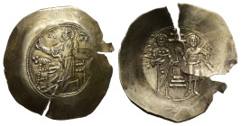 John II, AD 1118-1143. El, Aspron Trachy. 4.16 g. 32.54 mm. Constantinople.
Obv: IC-XC to left and right of Christ seated facing on backless throne, r...