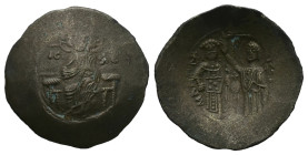 Manuel I Comnenus, AD 1143-1180. AE, Trachy. 4.01 g. 29.75 mm. Constantinople.
Obv: IC / XC. Christ, bearded and nimbate, wearing tunic and kolobion, ...