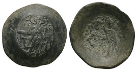 Manuel I Comnenus, AD 1143-1180. AE, Trachy. 5.06 g 29.79 mm. Constantinople.
Obv: IC / XC. Christ, bearded and nimbate, wearing tunic and kolobion, s...