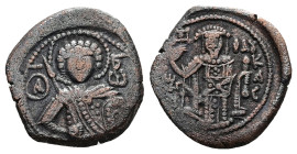 Empire of Nicaea. John III Ducas Vatatzes, AD 1222-1254. AE, Tetarteron. 3.25 g. 18.28 mm. Magnesia.
Rev: Nimbate bust of St. George facing, holding s...