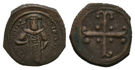 Andronicus III Palaeologus, AD 1328-1341. AE, Assarion. 2.56 g. 20.61 mm. Constantinople.
Obv: PωMAION AVTOKPA. Andronicus, standing, holding sceptre...